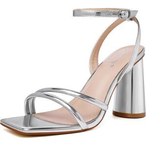 Women's Silver Square Open Toe Strappy Ankle Strap Block Heeled Sandals Shoes